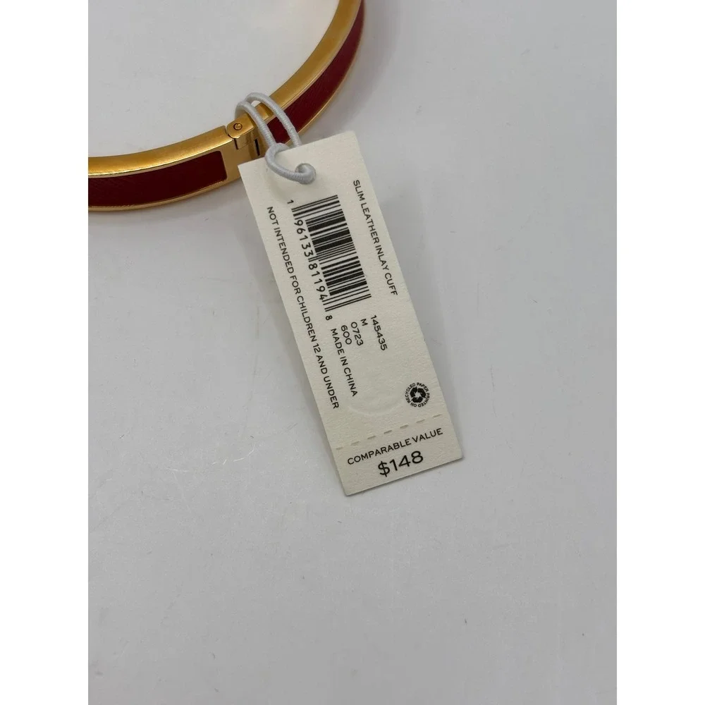 Tory Burch Slim Red Leather Inlay Cuff Bangle Bracelet Gold Tone 145435 New